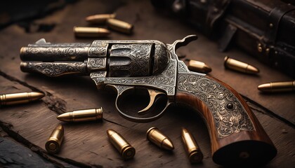Obraz premium a detailed, ornate revolver rests among scattered brass bullets on a worn wooden surface, evoking a sense of old west danger and craftsmanship.