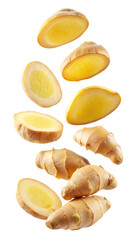 flying ginger and half slices isolated on transparent white background, clipping path