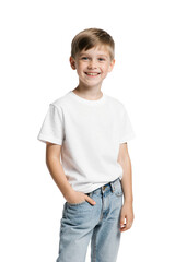 Fototapeta premium little boy wearing white t-shirt and blue jeans, isolated on transparent background