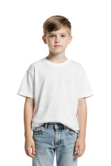 Fototapeta premium little boy wearing white t-shirt and blue jeans, isolated on transparent background