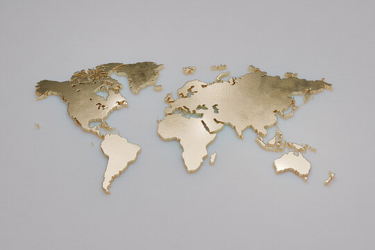 Golden metallic world map on a light gray background. Luxury and modern representation of global geography, perfect for business, travel, or educational themes. global business growth, international
