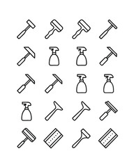 Fototapeta premium Repeating pattern of cleaning tools and spray bottles on white background Keywords: cleaning, tool, spray bottle