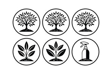 Set of six circular icons featuring trees plants and spray bottle agriculture sprout