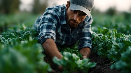 Farmer using sustainable agriculture techniques in an organic field