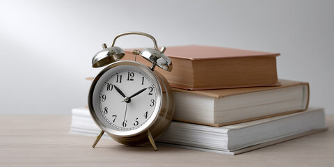 Naklejka premium Vintage Alarm Clock Sitting on Top of Stack of Books with Soft Light in Background Creating a Calm and Cozy Atmosphere for Study or Reading