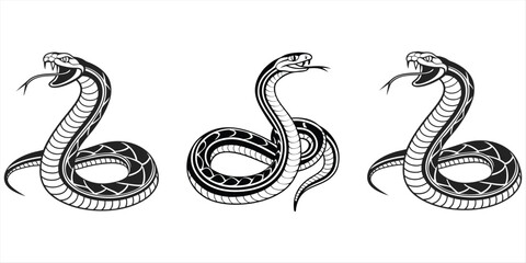 Obraz premium Vector illustration art of a black cobra snake in a coiled silhouette design