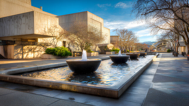 Sunlit Plaza Fountain with Concrete Basin and Modern Architecture - Powered by Adobe