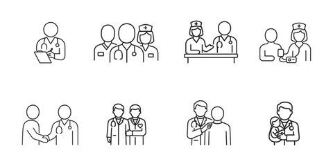 Fototapeta premium Medical healthcare doctor physician hospital clinic professional thin line icons vector set illustration
