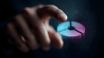 A hand interacts with a floating holographic pie chart displaying business data  long title A hand reaches towards a floating holographic pie chart