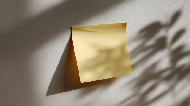 Minimalistic Yellow Sticky Note on Beige Wall Casting Soft Shadows from Leafy Plant in Natural Light Perfect for Creative Ideas and Reminders