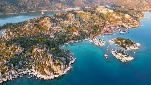 Aerial view of Simena Castle and the coastal village of Kalek&ouml;y, Antalya Province, Turkey. Located across from Kekova Island on the Mediterranean coast.