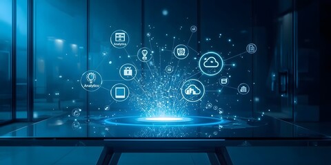 Business Technology Interface on Transparent Screen, digital icons for analytics, security, data, and cloud computing