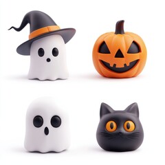 Fototapeta premium Halloween icons, 3D style. Four stylized Halloween figures a ghost with a witch's hat, a carved pumpkin, another ghost, and a black cat. 
