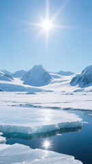 Sunlit Arctic Landscape with Ice Floes and Snow-Capped Mountains