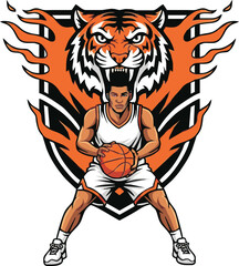 Fierce basketball player poised for action, framed by a roaring tiger emblem engulfed in flames.