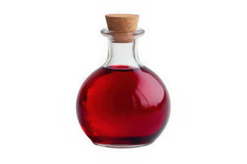 Small glass bottle filled with vibrant red liquid and cork stopper