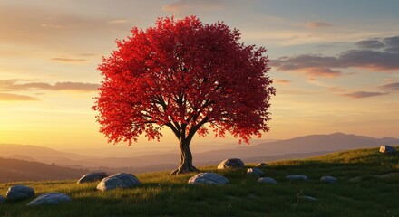 Nature wallpaper. Red Tree Stands Alone on Grassy Hillside at Sunset