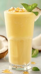 A refreshing Brazilian mocila smoothie with guarana and coconut milk is presented. Garnished with mint and coconut, topped with drizzled honey, it evokes a tropical escape