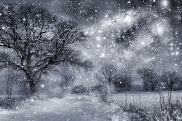 Snowy winter landscape at night, with a heavy snowfall and large trees