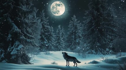A solitary wolf gazes at the radiant full moon illuminating a tranquil winter night. Snowflakes gently fall among the towering pine trees, creating a serene atmosphere. - Powered by Adobe