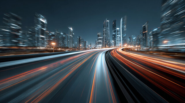 3D Rendering of highway in city. High speed motion blur. Concept of leading in business, Hi tech products background, artificial intelligence, hyper loop, virtual reality, high speed network. 