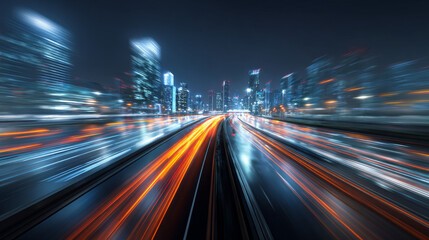 Obraz premium 3D Rendering of highway in city. High speed motion blur. Concept of leading in business, Hi tech products background, artificial intelligence, hyper loop, virtual reality, high speed network. 