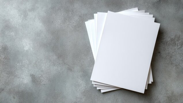 Stack of blank white brochures on a gray textured surface