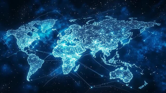 Experience the stunning visual of a glowing world map filled with vibrant cities connected through a network of light, highlighting human achievement and innovation against the cosmos.