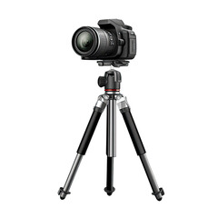DSLR camera mounted on a tripod.  Dark gray and black.  High-quality digital image