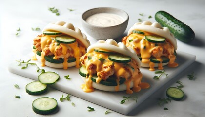 A high-end presentation of Korean chicken bao buns, captured with moody and cinematic outdoor lighting.
