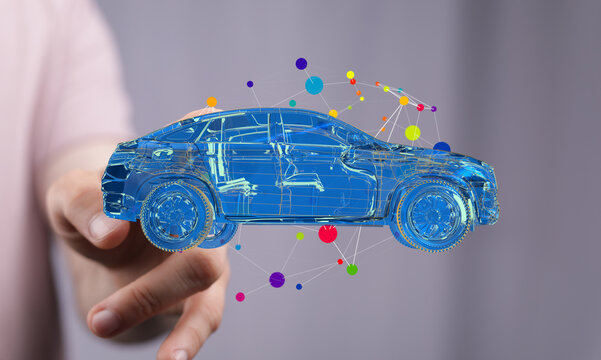 3D rendering of a car model with network connections.  Perfect for technology, innovation, and automotive concepts. - Powered by Adobe