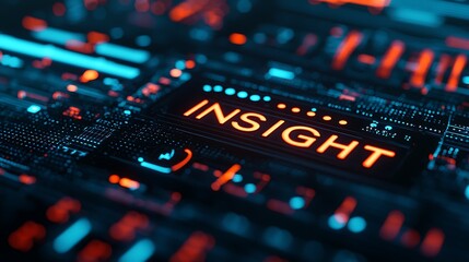 A vibrant digital circuit board featuring the word "INSIGHT" prominently illuminated in orange against a backdrop of blue and black patterns.