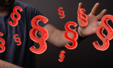 Abstract image of a man interacting with 3D paragraph symbols, representing legal or copyright issues.