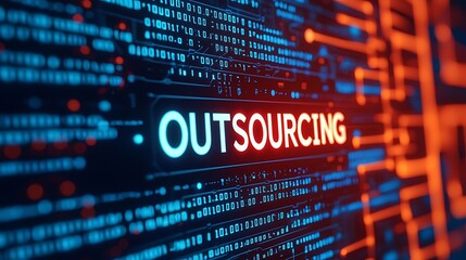 A digital representation of the term "OUTSOURCING" highlighted against a backdrop of blue and orange binary code, symbolizing technology and business processes.