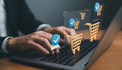 E-commerce in Action: A person types on laptop, representing online shopping with shopping carts icons and checkmarks floating above, on a wooden desk.