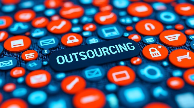 A vibrant digital composition featuring various app icons with a prominent "Outsourcing" label, symbolizing modern business practices and technology.
