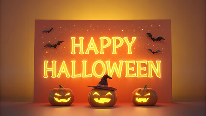 Glowing happy halloween sign with carved pumpkins and witch hat