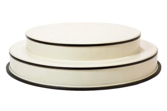 Modern two-tier white dessert stand with black accent lines isolated with transparent background