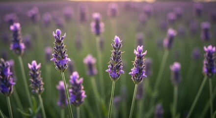 Naklejka premium Nature wallpaper. Blooming Flower Field with Purple Blossom in Soft Sunset Light