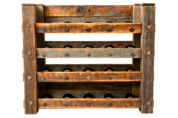 Rustic handmade wooden wine rack for storing bottles isolated with transparent background