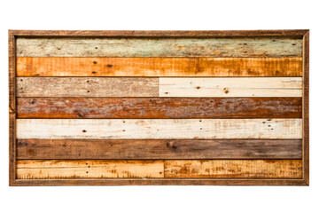 Rectangular rustic wooden frame with multicolored weathered wood planks isolated with transparent background