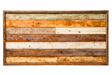 Rectangular rustic wooden frame with multicolored weathered wood planks isolated with transparent background