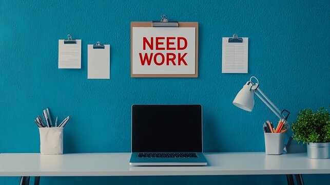A modern workspace featuring a laptop, desk lamp, and motivational poster stating "NEED WORK" against a vibrant blue wall. - Powered by Adobe