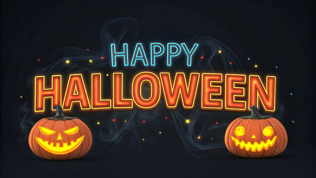 Scary jack o lanterns and neon happy halloween text on dark background