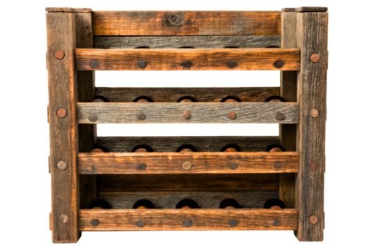 Rustic handmade wooden wine rack for storing bottles isolated with transparent background - Powered by Adobe