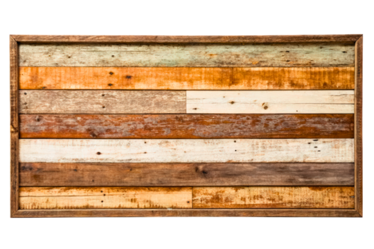 Rectangular rustic wooden frame with multicolored weathered wood planks isolated with transparent background