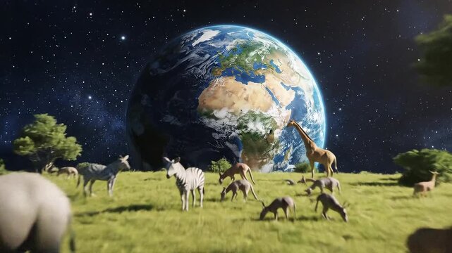 A simulated African savanna with Earth as the background and animals like elephants zebras giraffes populating the ground