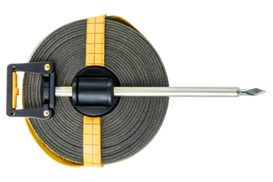 Long tape measure on a reel with a metal stake isolated with transparent background
