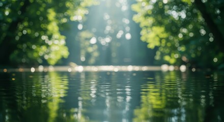 Naklejka premium Nature wallpaper. Rippling Water Reflecting Green Trees and Sunlight in Nature