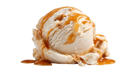 Indulgent scoop of vanilla ice cream drizzled with rich caramel sauce and crunchy cookie pieces Isolated on white background